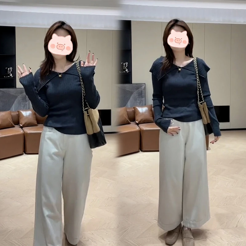 时尚洋气套装女早秋季新款韩版设计感长袖针织衫阔腿牛仔裤两件套