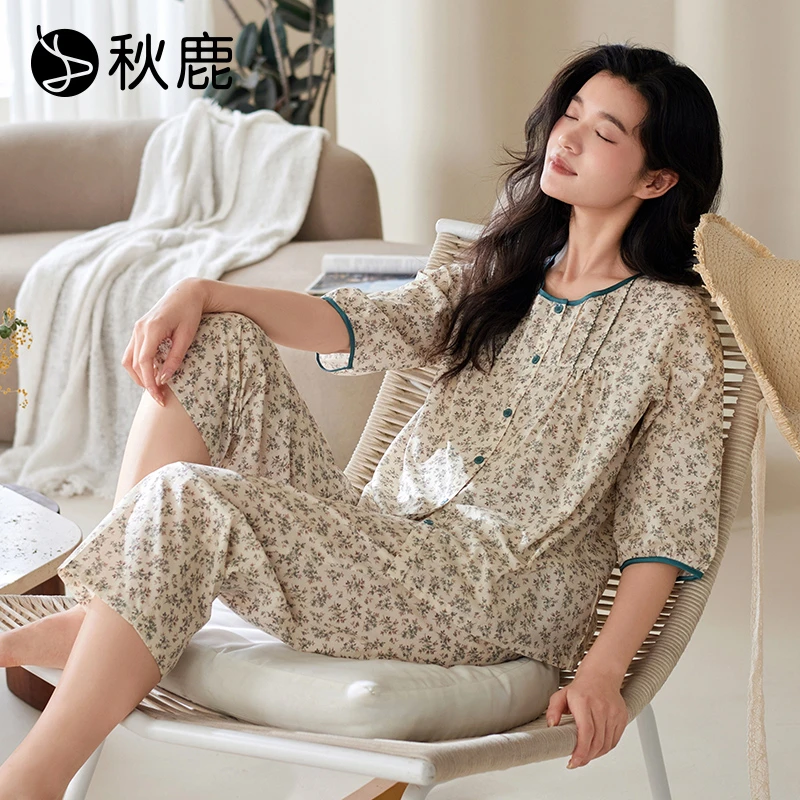 秋鹿梭织人棉抗菌印花圆领七分袖九分裤女套家居服