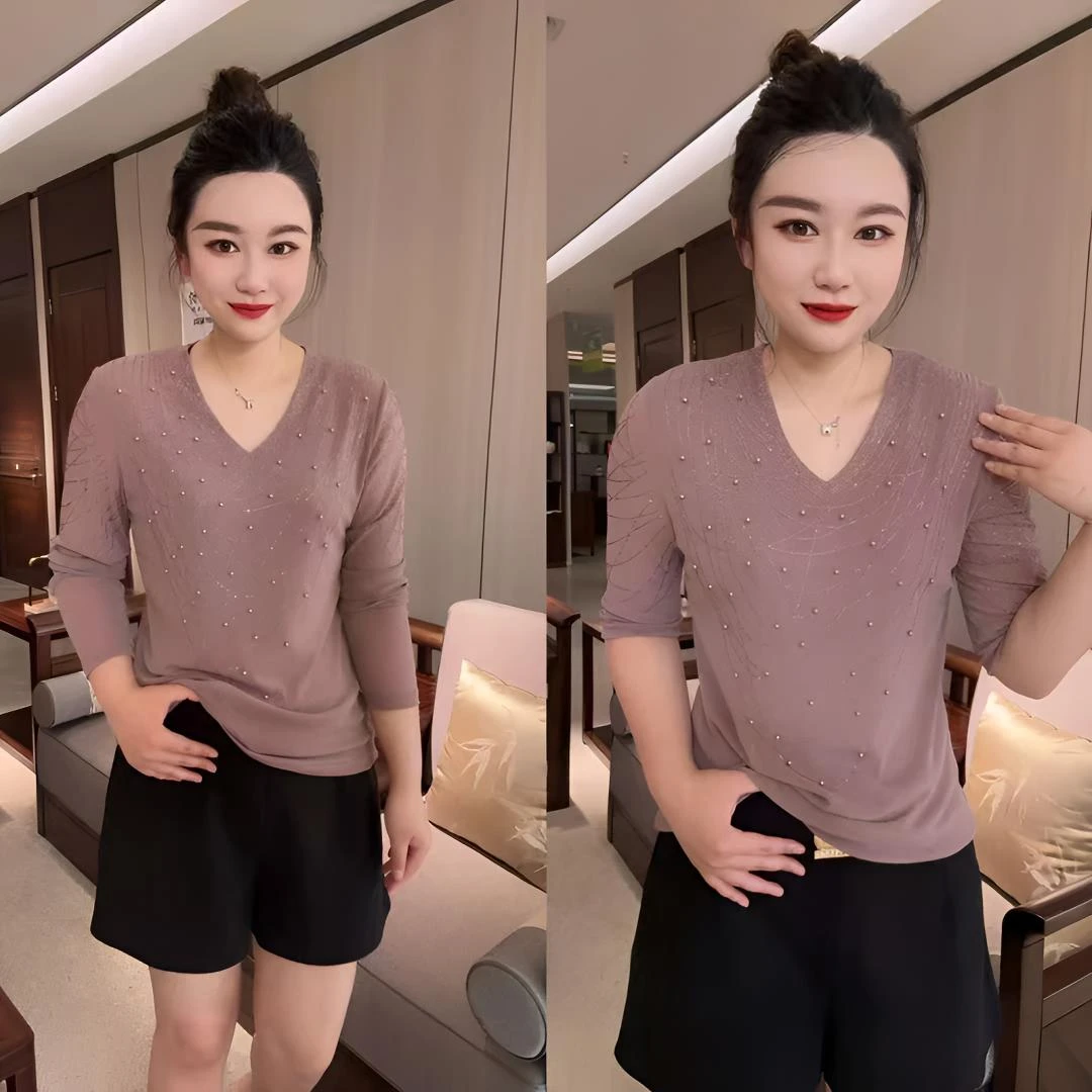 早秋串珠满钻针织衫网红时尚休闲百搭羊绒圆领镂空套头