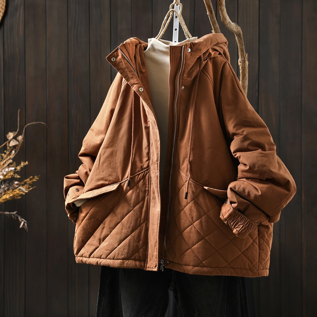 巨好看的夹棉外套女2025冬新款连帽胖mm菱格加棉洋气百搭保暖棉服