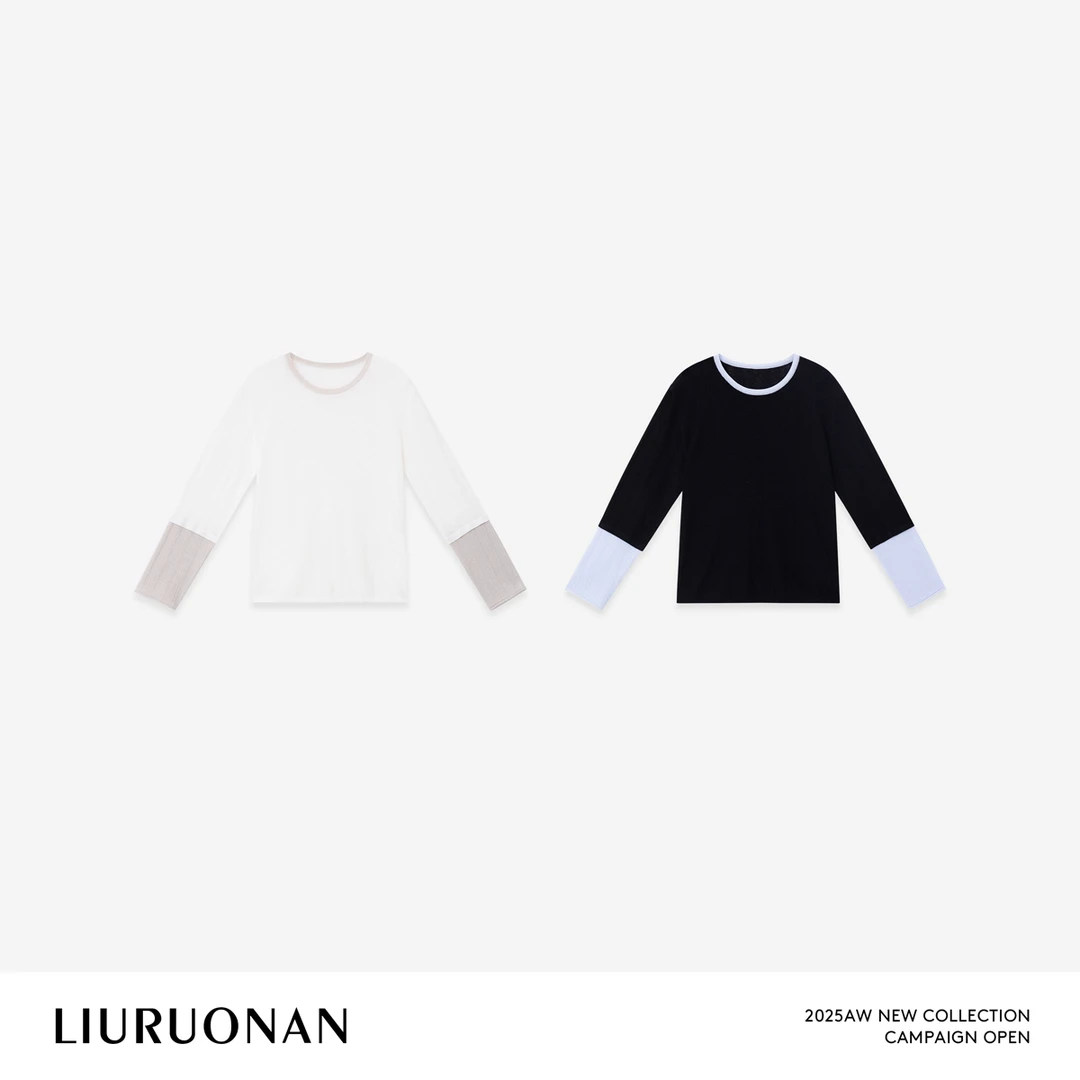 LIURUONAN 25AW【莫兰迪色块】假两件撞色拼接T恤秋季圆领长袖上衣