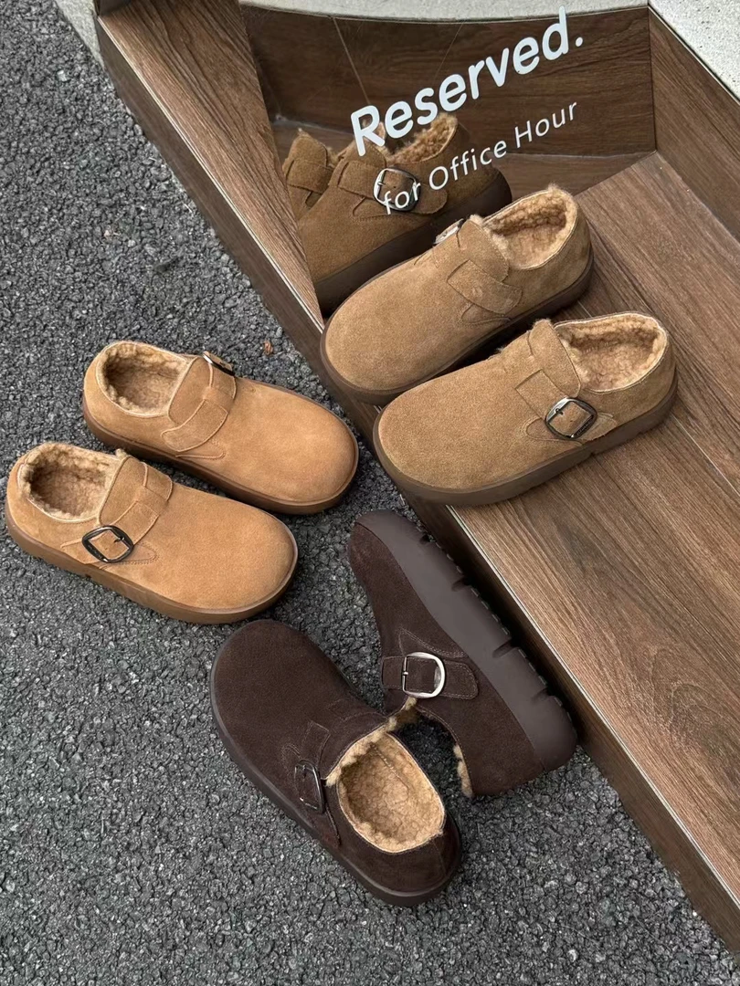 丑萌面包鞋～慵懒风加绒加厚圆头厚底扣带毛毛勃肯鞋秋冬季