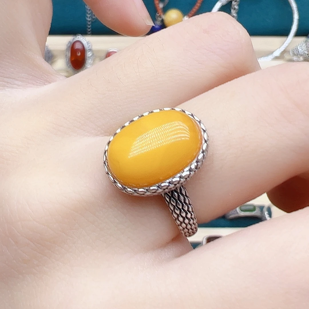 蜜蜡戒指银S925镶嵌天然