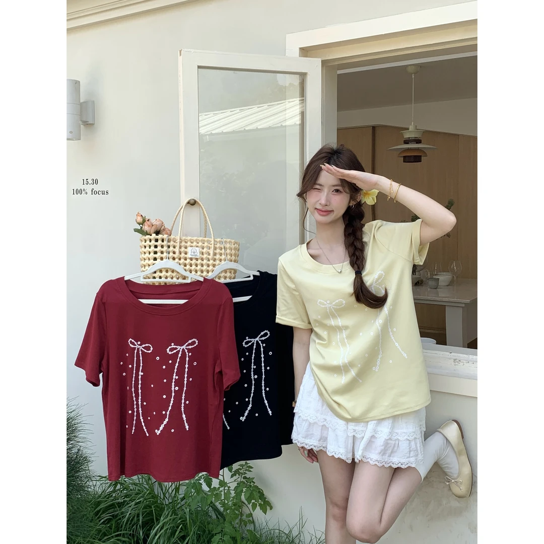 清2025夏季新款大码女装宽松正肩短袖t恤蝴蝶结印花韩系上衣64360