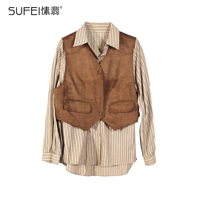 SUFEI/愫翡S53TS1056A 秋季新款简约条纹套装衫 1056