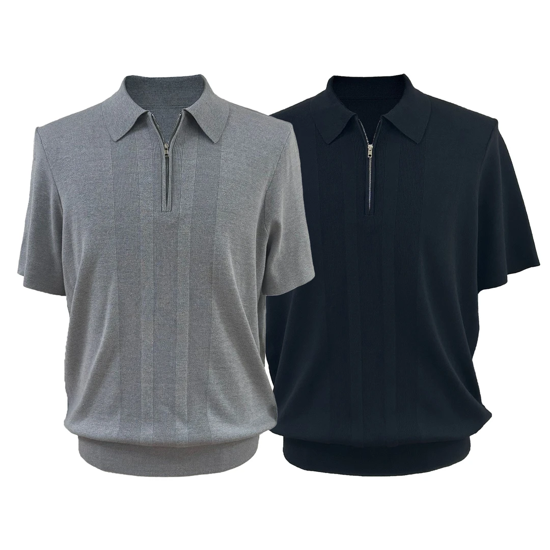 Borrowed Project 冰丝竹纤坑条polo衫短袖休闲透气凉感半拉链T恤