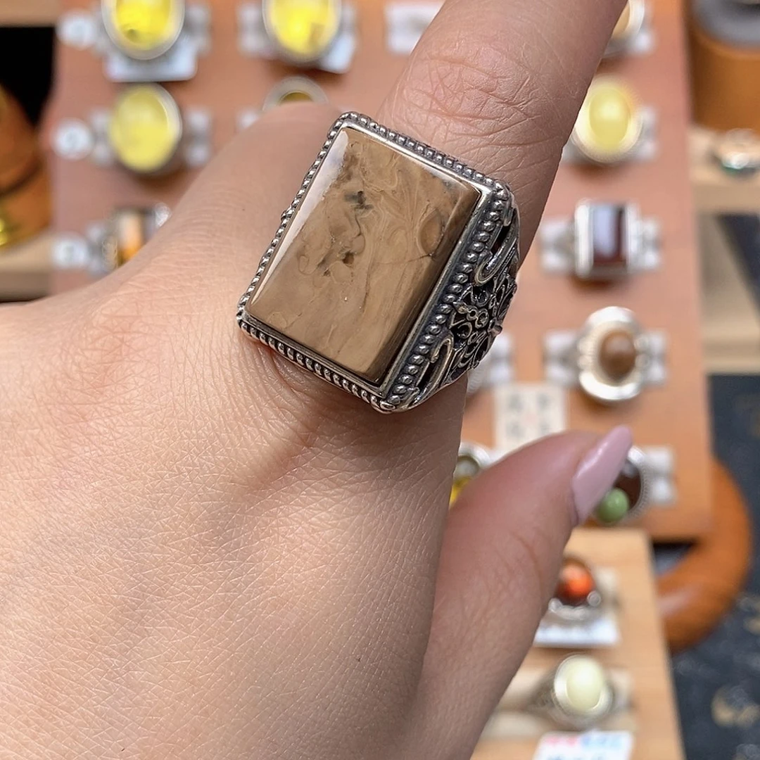 琥珀银S925镶嵌戒指琥珀