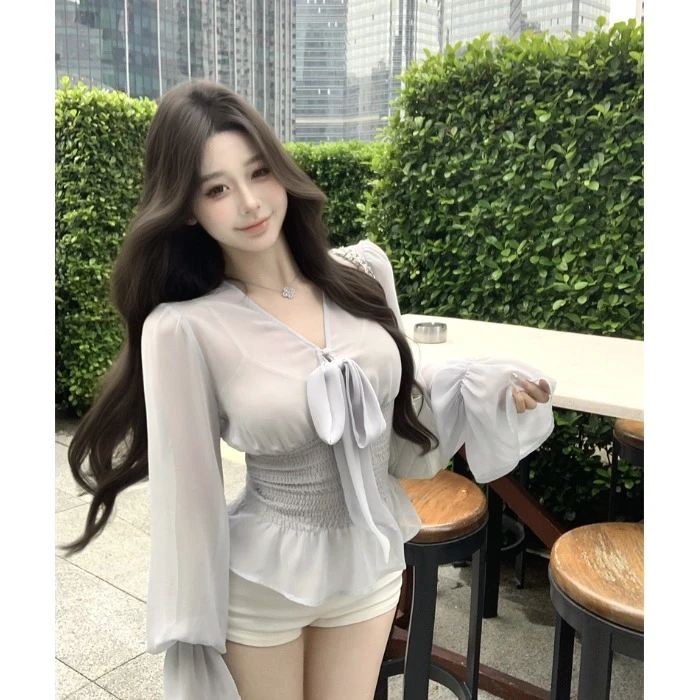 气质蓝色绑带v领长袖雪纺衬衫女春季修身收腰上衣叠穿吊带两件套