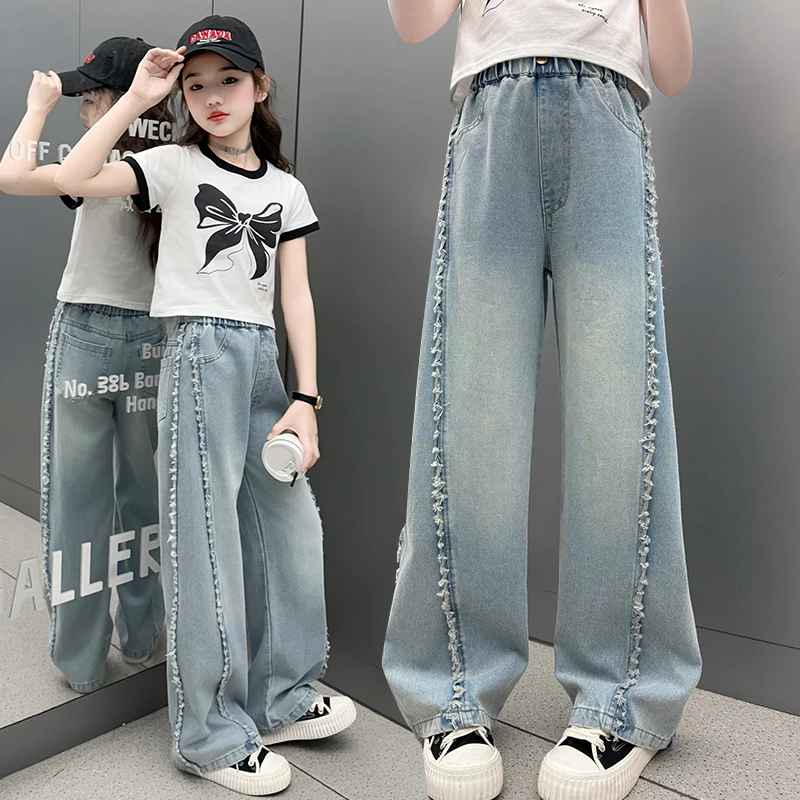 女童裤子夏季薄款儿童牛仔裤夏款长裤洋气毛边阔腿裤夏装中大童潮