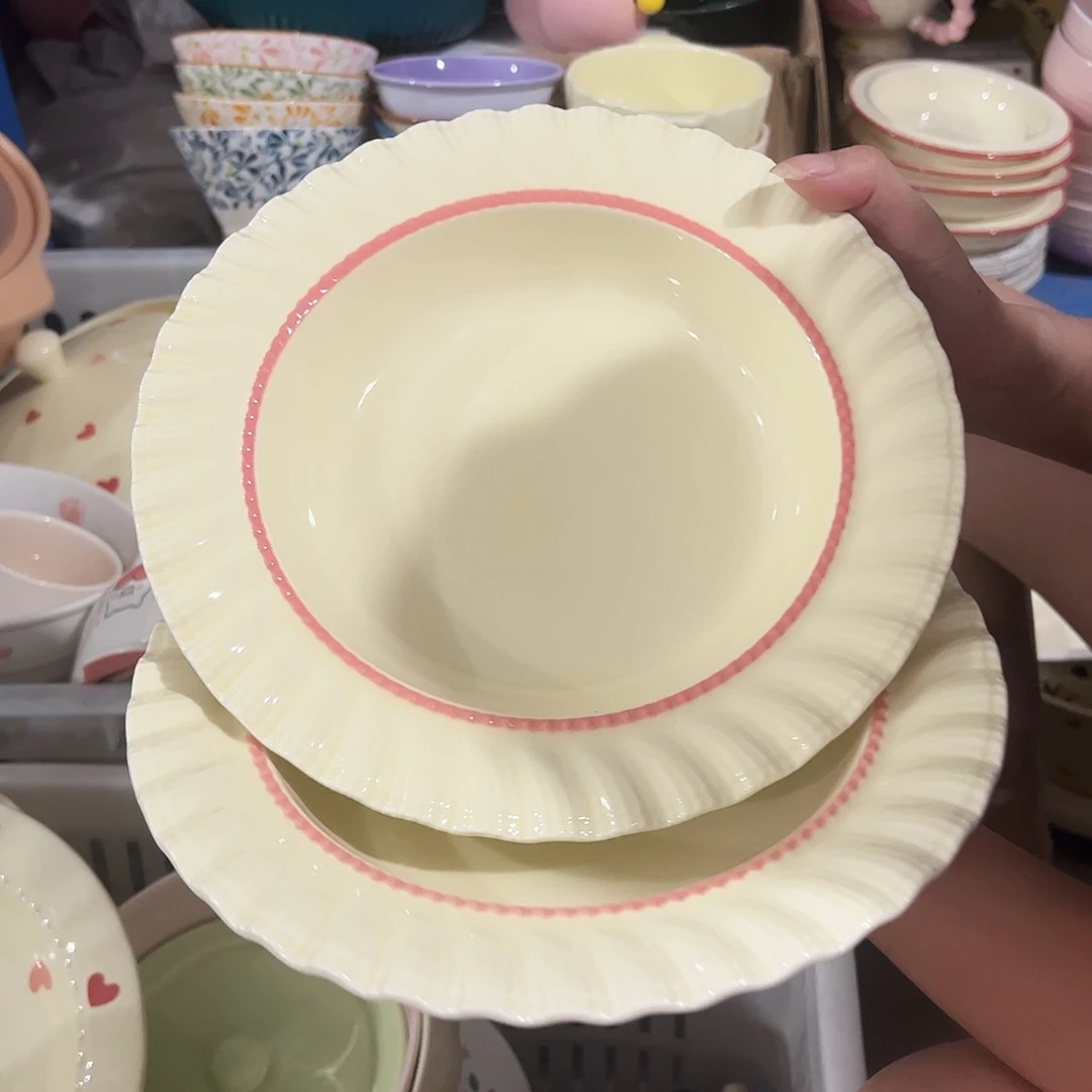 瓷片红边草帽盘8寸两个
