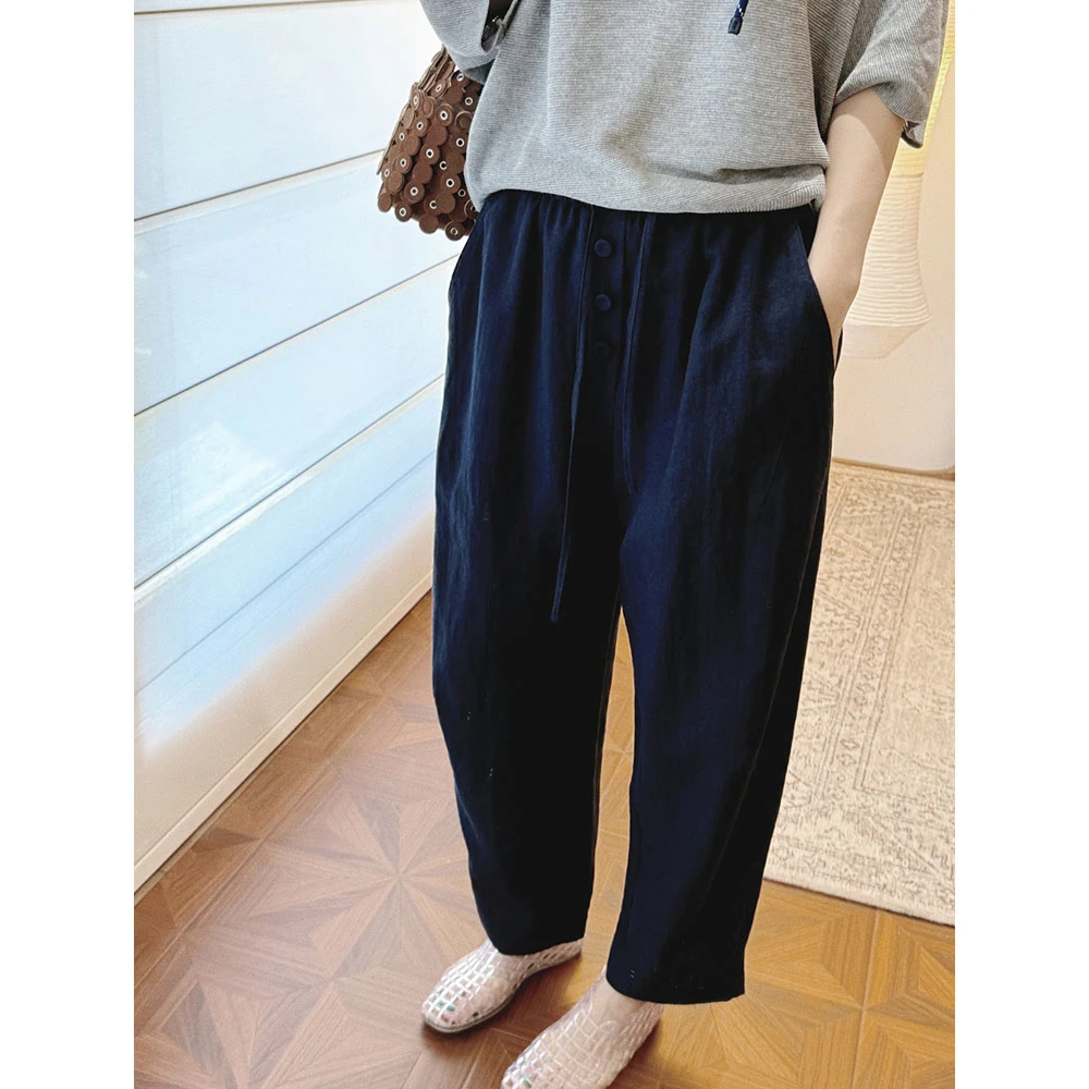 【MGDM】老钱风宽松休闲裤薄款重磅100苎麻长裤松紧腰防晒直筒裤