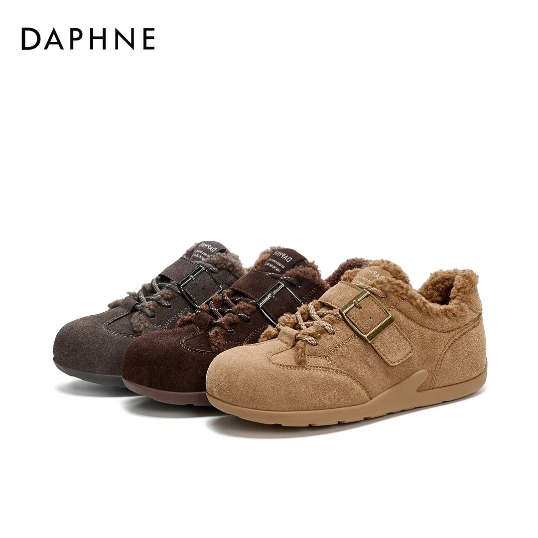 【宋茜代言】2025达芙妮新款加绒保暖休闲鞋复古磨砂皮扣带毛毛鞋
