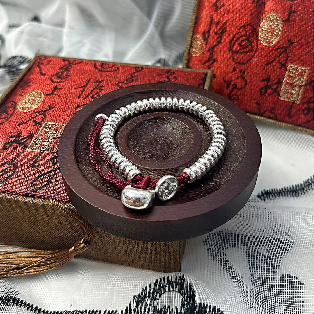 足银手镯 S070 亮面红盘缠手链经典百搭手工时尚复古