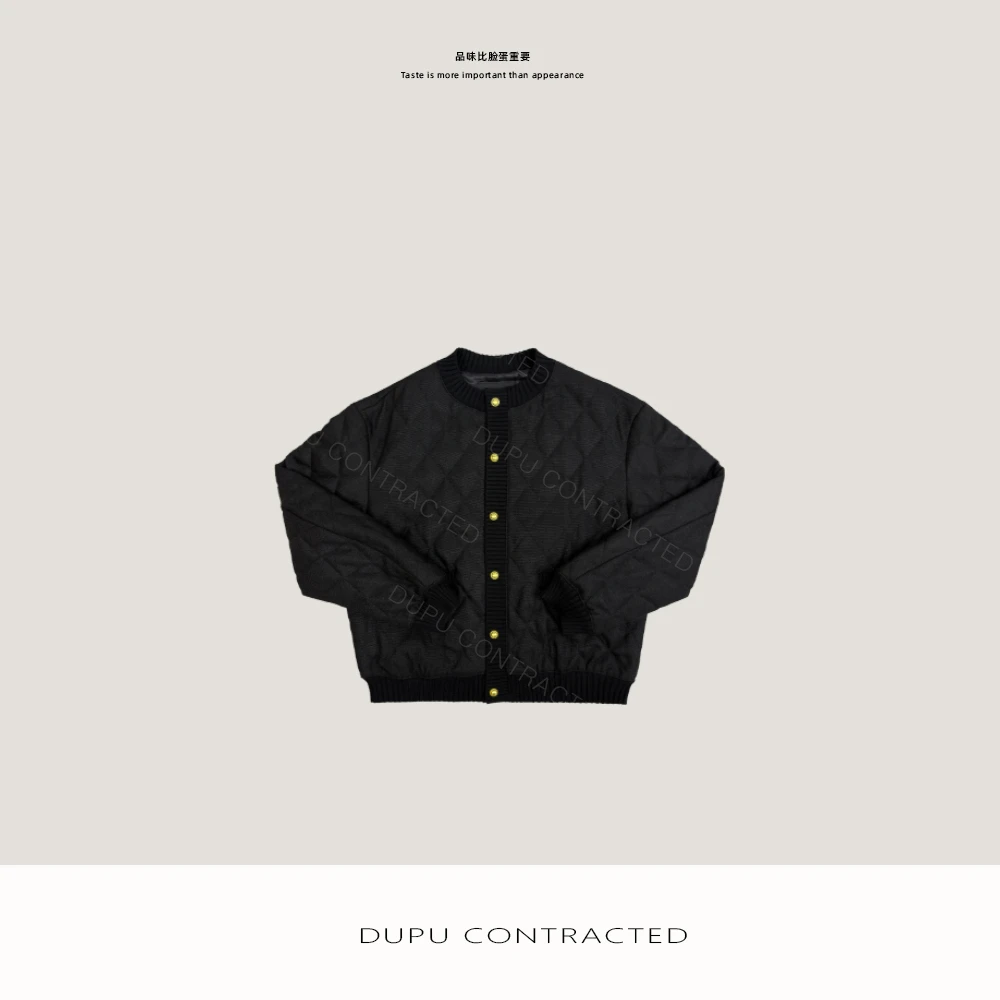 DUPU CONTRACTED菱形格绗缝定织罗纹金扣小香风棉服外套