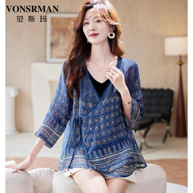范斯玛V领系带印花宽松衬衫女2025夏季洋派慵懒百搭时尚休闲 衬衣