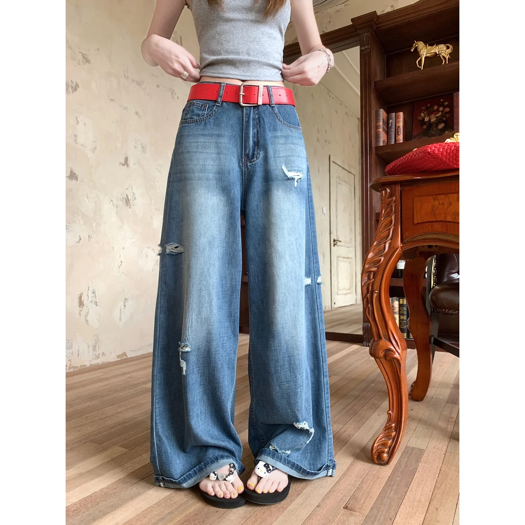 美式复古水洗蓝色破洞牛仔裤女夏季新款气质百搭宽松阔腿裤拖地裤