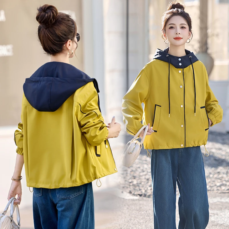 时尚撞色外套女短款2025秋季新款韩版宽松连帽休闲拼色流行风衣潮