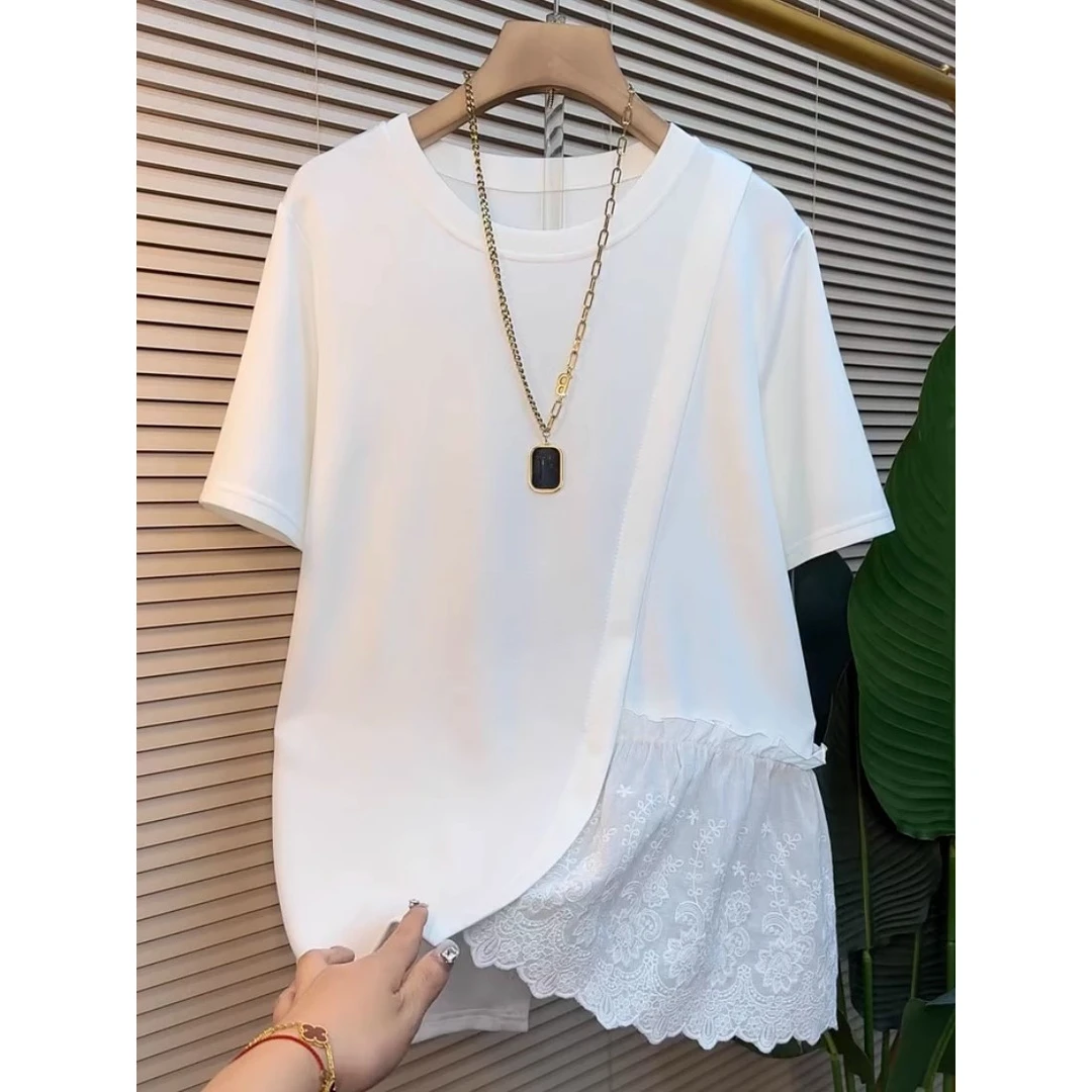 【胖妹妹】大码240斤女装上衣短袖半袖夏季时尚显瘦宽松拼接洋气T恤