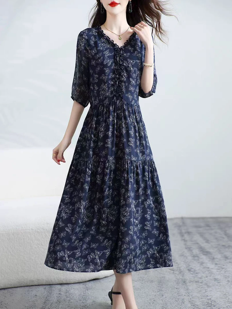 新款高端连衣裙气质减龄蝴蝶印花连衣裙Q2560