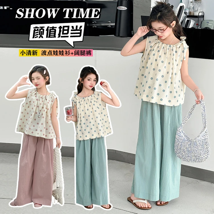 套装韩版夏季其他女童中大童儿童碎花洋气时尚宽松无袖波点小清新