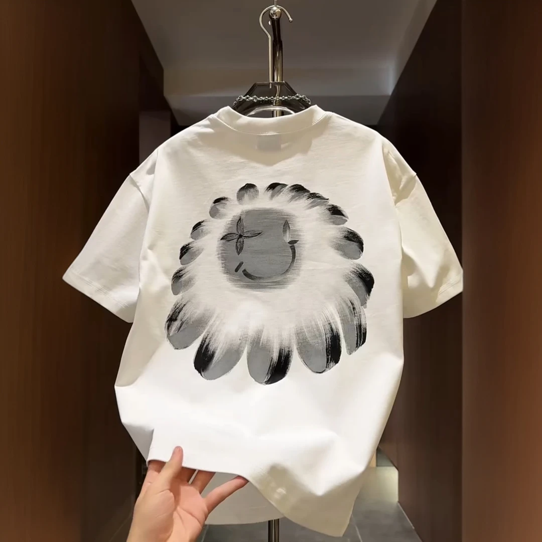 笑脸花朵潮牌艺术涂鸦纯棉短袖手绘重工休闲短袖T恤印花圆领上衣