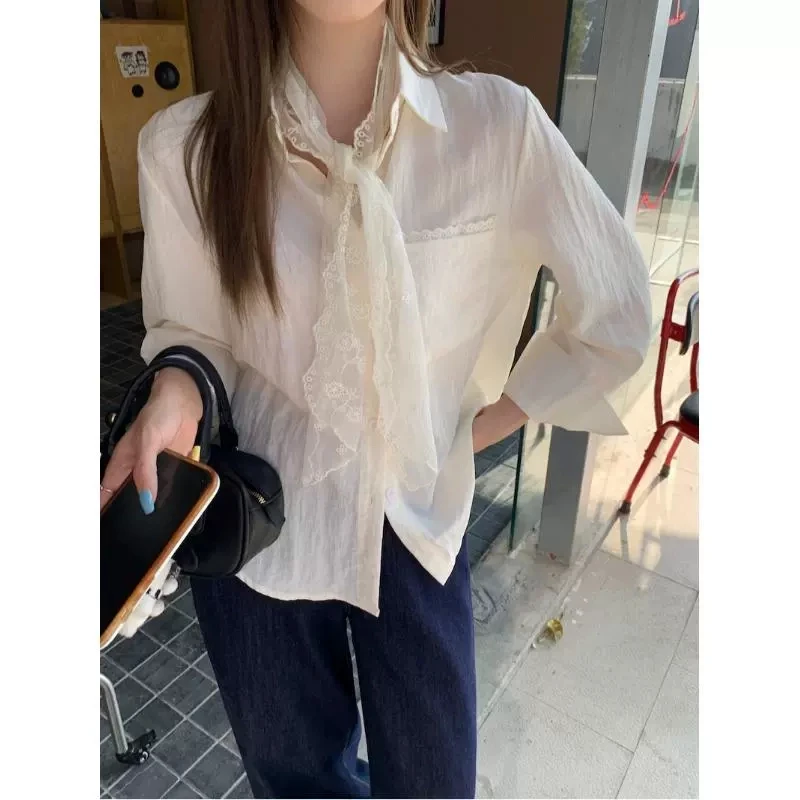 韩系白色衬衫女春季设计感别致叠穿内搭绝美衬衣蕾丝围巾系带上衣