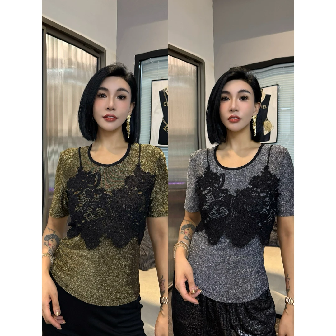 SONG-原创【上衣-金银相成】新款重工覆盖假两件设计时尚显瘦短袖