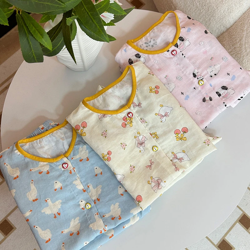 女孩夏天居家睡衣纯棉100%全棉大码短袖七分裤薄款纱布家居服套装