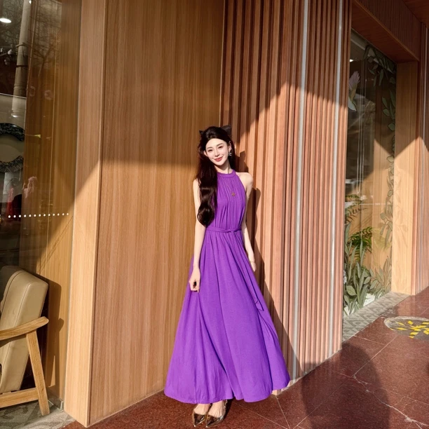 GIRDEAR/哥弟「紫气东来」夏季气质优雅显瘦系带无袖连衣裙150010