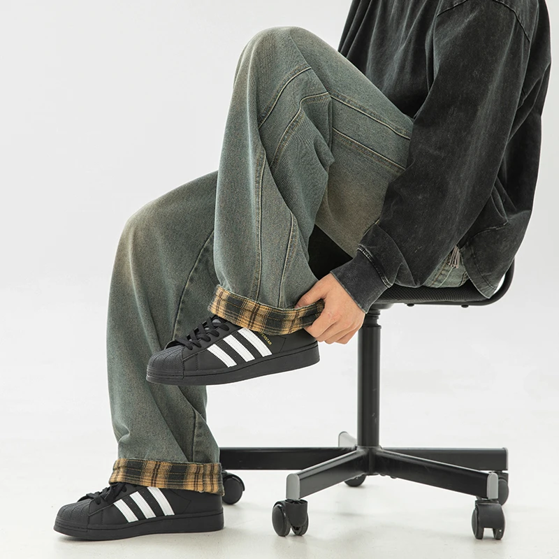 FINALSENSE美式休闲时尚分割拼接设计直筒百搭宽松潮流情侣牛仔裤