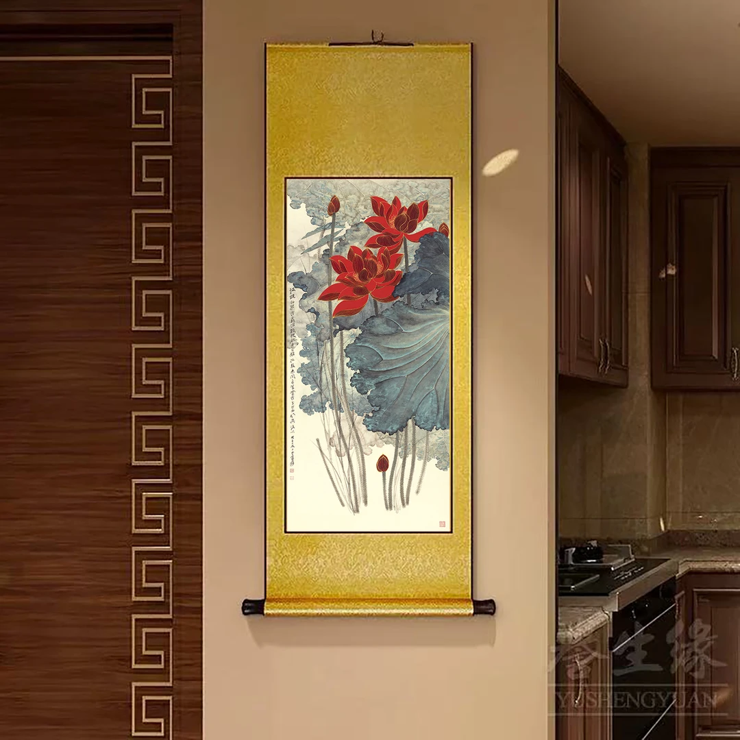 D30精装160*60《金线荷花》中式数字微喷立式挂画卷轴画
