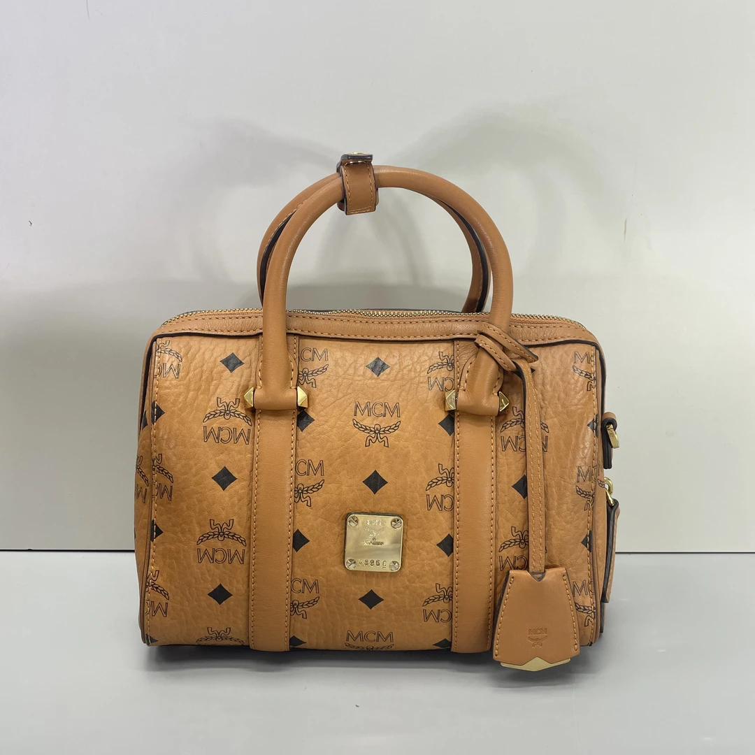 90新 MCM 媚姐/mcm干邑色小号波士顿包22x16x11cmG042209