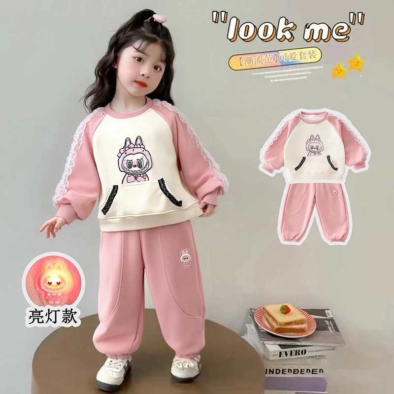 女童花边袖拉布布套装洋气小女孩春秋装女宝宝亮灯拉布布两件套潮