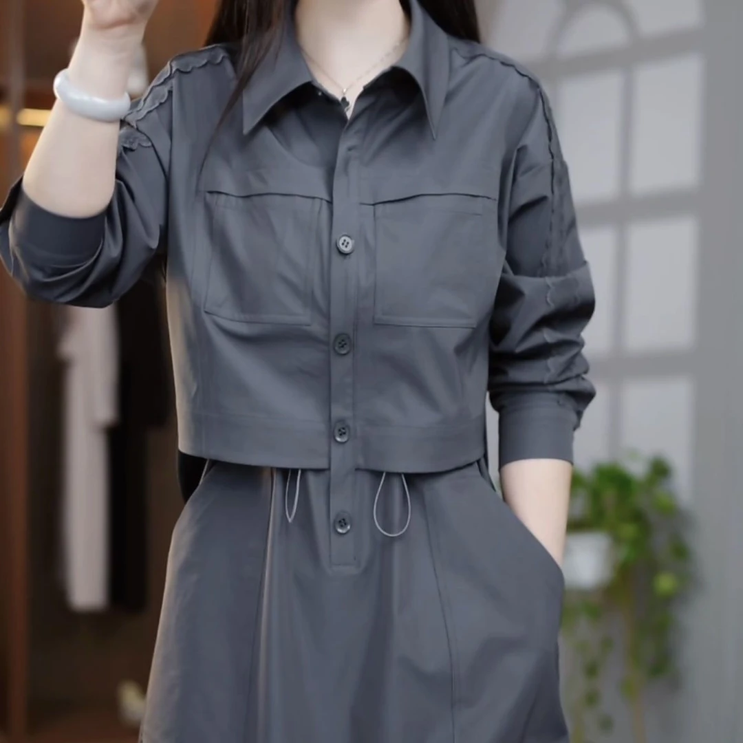 时尚两件减龄工装女中长款裙子女2025春装新款工装显瘦遮肉连衣裙