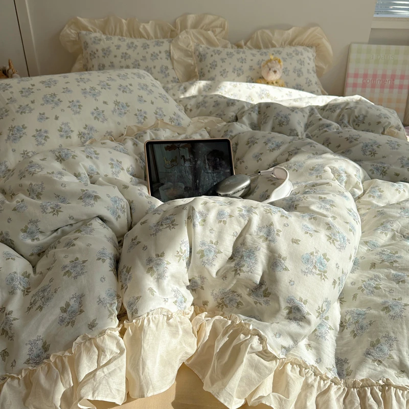 全棉韩版印花四件套纯棉韩式花边印花床单被套罩床笠床上用品宿舍