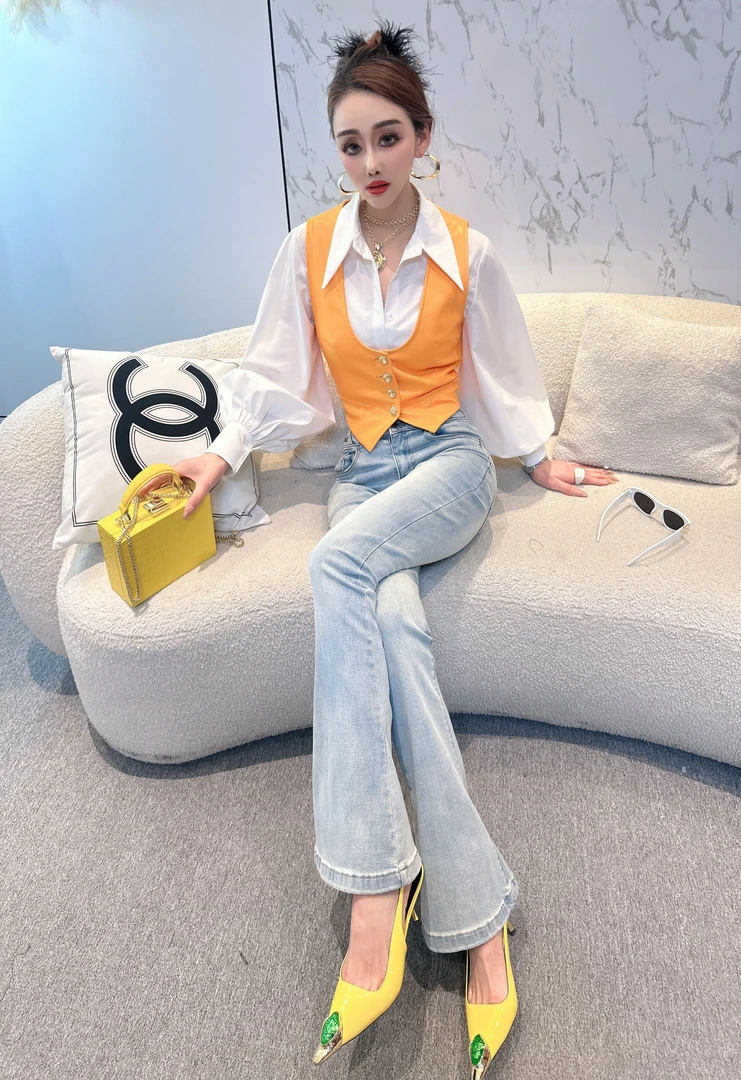 子艳家春季设计感欧货时尚法式两件套（衬衫+马甲）