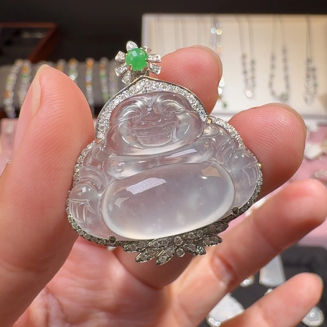 翡翠18K金镶嵌颈饰纯天然缅甸翡翠A货佛公