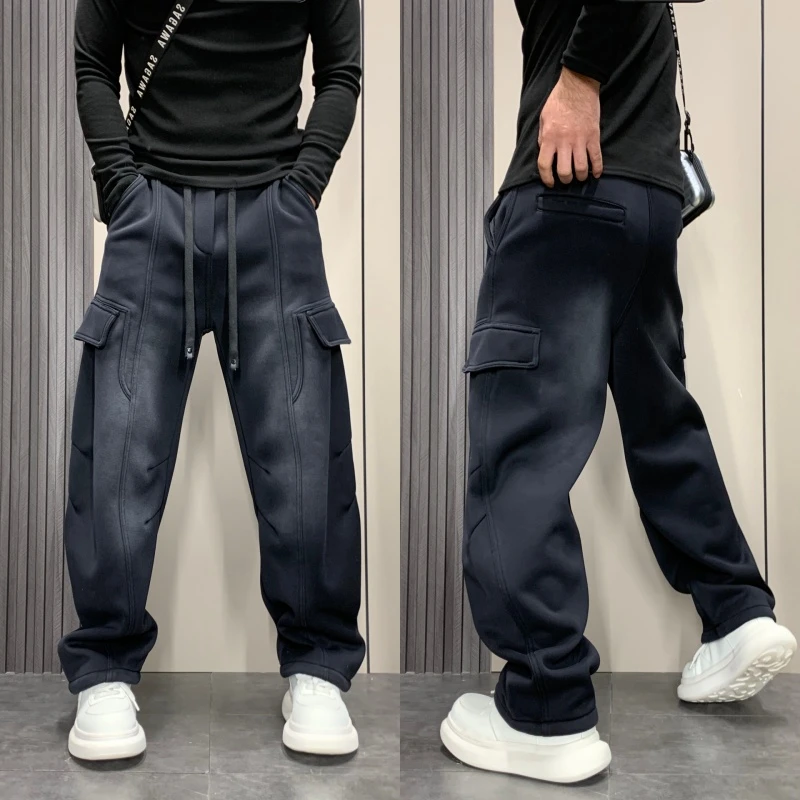 冬季新款加绒加厚男士卫裤美式潮流工装裤宽松保暖直筒裤痞帅长裤