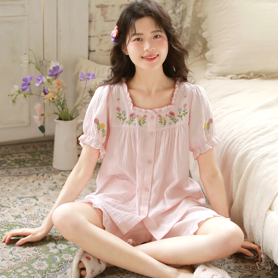 『璎珞』富朵纯棉纱布夏季薄款哺乳睡衣短袖孕妇产后月子服待产服