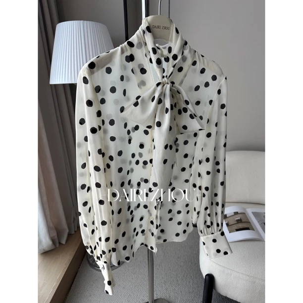 DAIRI  ZHOU▪️四季的指向   100桑蚕丝波点绑带长袖衬衫经典优雅