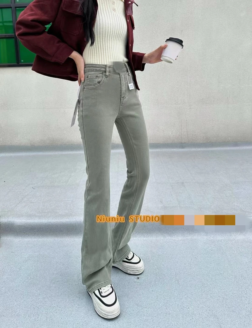 （塔苏）8905灰绿高弹烟管直筒窄版拖地裤