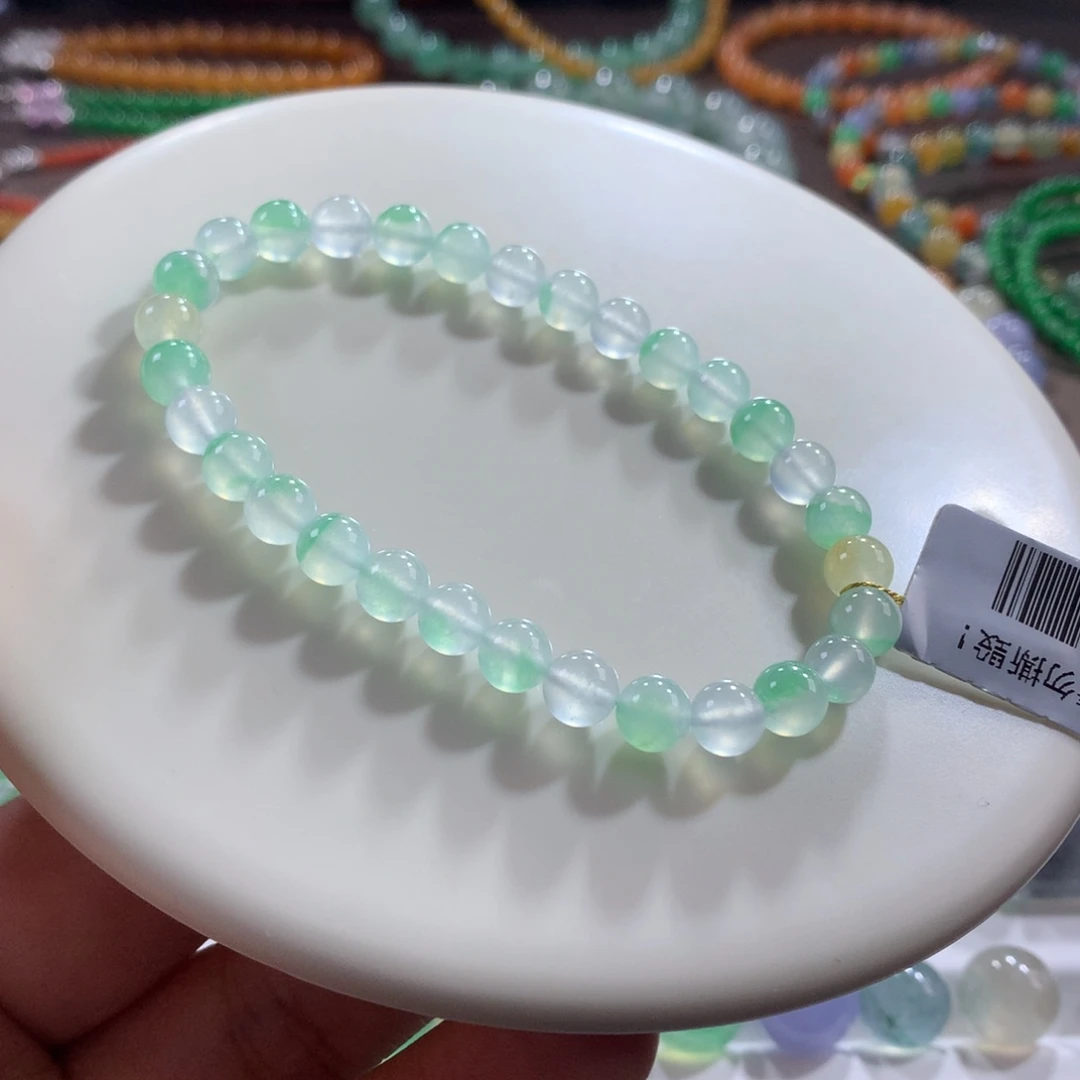 翡翠未镶嵌手链仙气飘飘~木那白冰飘绿单圈卡6