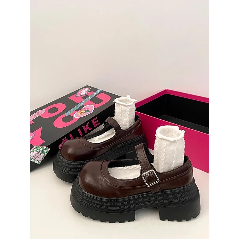 复古圆头厚底增高玛丽珍鞋女2025年春季时尚百搭单鞋一字扣小皮鞋