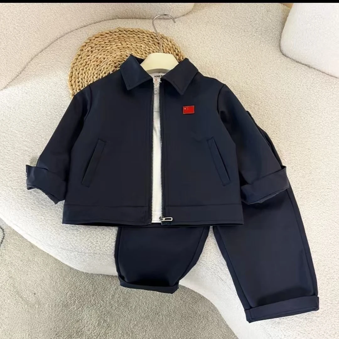 儿童行政款夹克套装宝宝春秋国风款领导范休闲透气定制版翻领外套