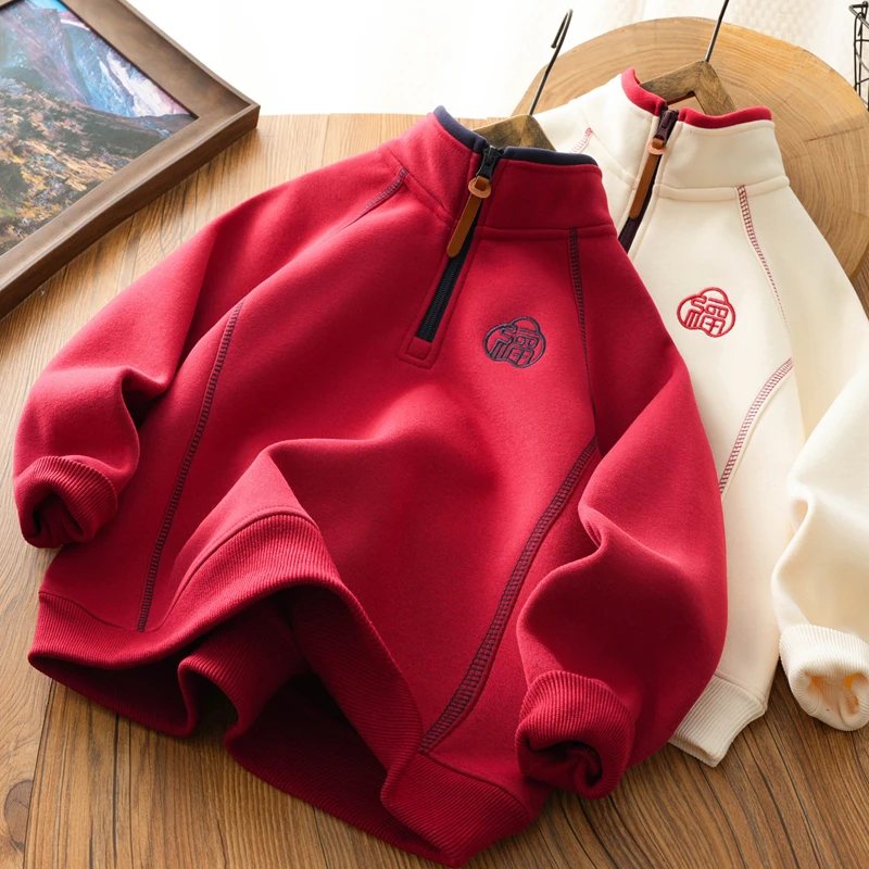 儿童2025新款加绒国潮卫衣萌娃新年拜年服中大童洋气半拉链衣