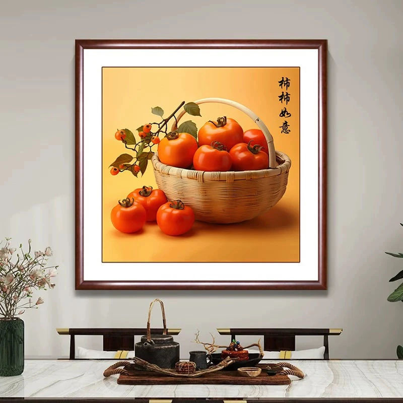 新中式事事如意正方形饭堂挂画客厅玄关装饰画柿柿如意餐厅装饰画