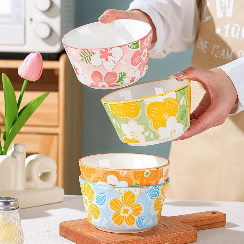 25年新款田园花语4.7英寸饭碗到手4只可爱陶瓷碗手绘风耐高温餐具