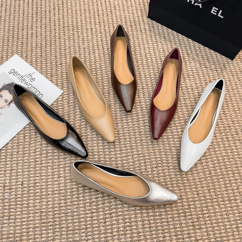 百搭时尚真皮极简风尖头单鞋女鞋软面2025春夏季新款浅口鞋单鞋女