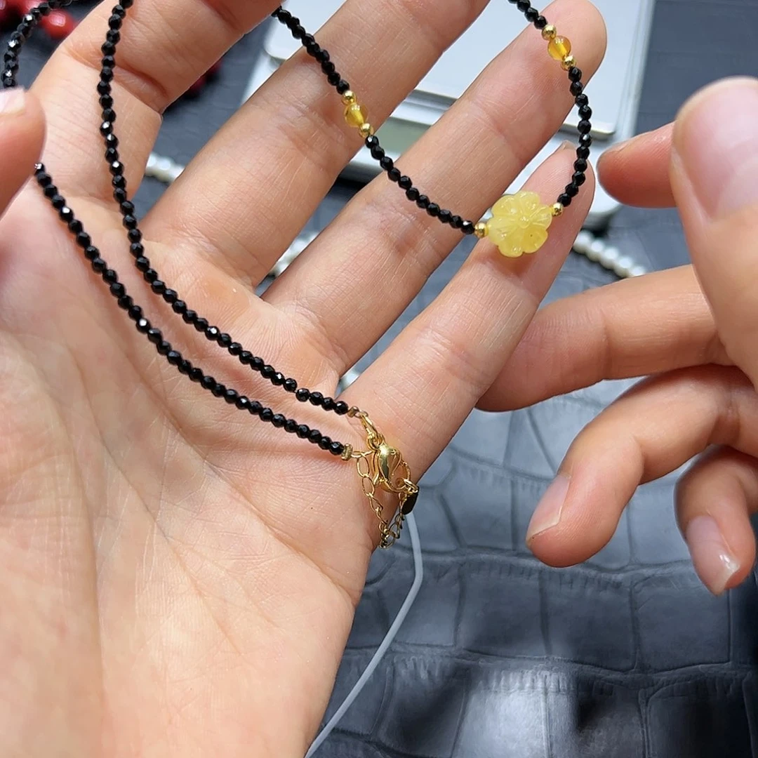 烟晶手链银S925镶嵌蜜蜡花项链