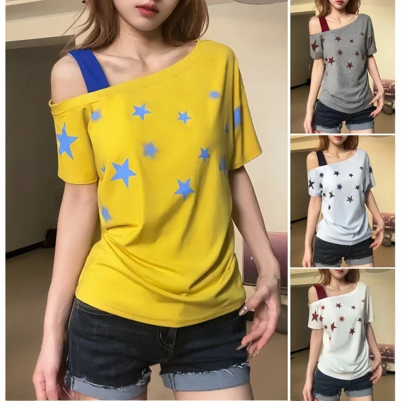 多巴胺美式辣妹星星印花斜肩吊带短袖T恤女夏季宽松显瘦慵懒上衣